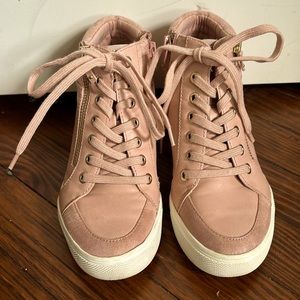 High top two inch wedge light pink Aldo sneakers